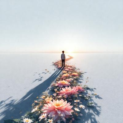 Primary subject: A person walking on a path surrounded by flowers.

Setting/background: The person is walking on a path in a desert-like environment.

Visual style: The image is a digital artwork.

Colors and mood: The image has a warm and serene atmosphere, with the person's shadow and the flowers creating a sense of depth and tranquility.